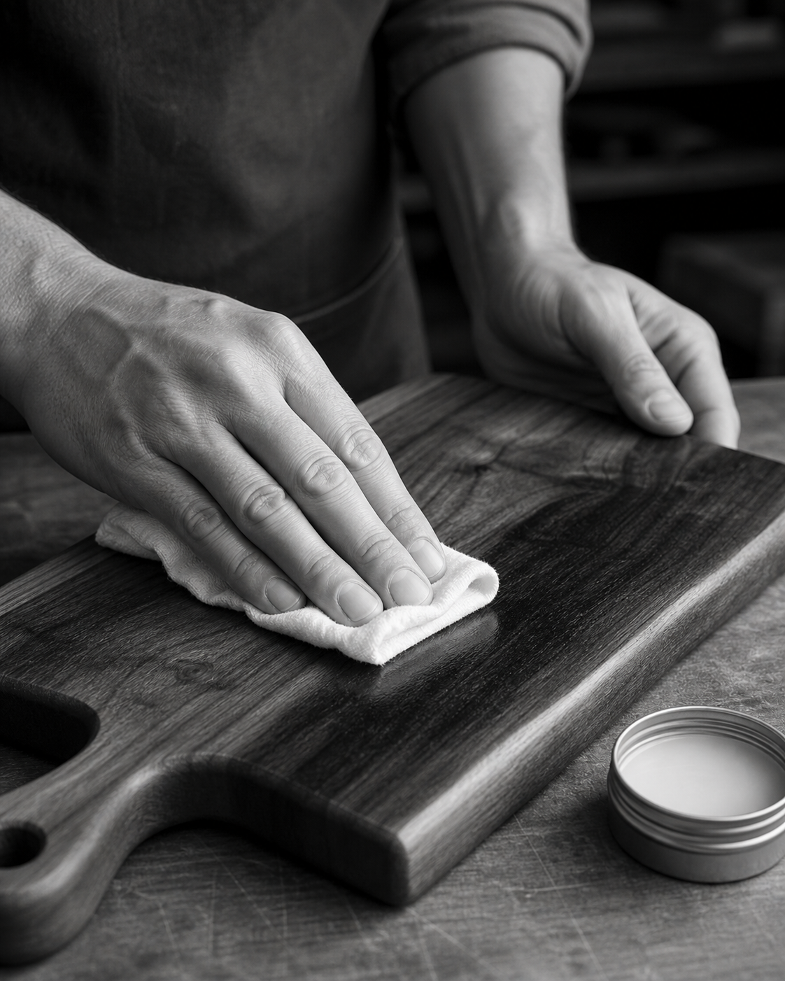 A close-up black and white photo of a person's hands using a white cloth to wipe a dark wooden cutting board, with a small tin of wood polish nearby.